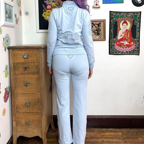 Vintage Vertigo Track Suit, y2k Baby Blue Stretch Knit Pants & Jacket Sz M - Picture 7 of 11